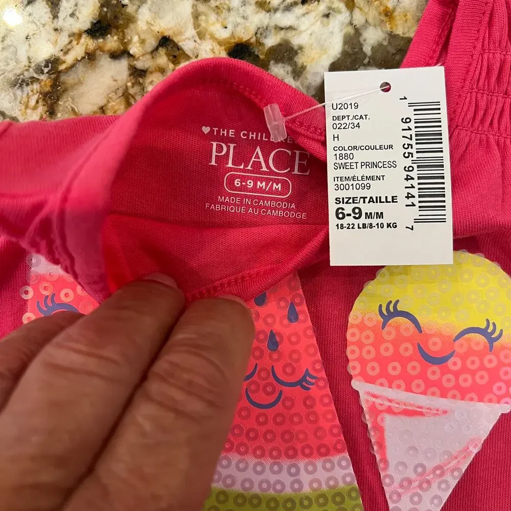 NWT Children's Place Pink W/Sequin Ice Cream Tank & Shorts Outfit - Size 6-9 M